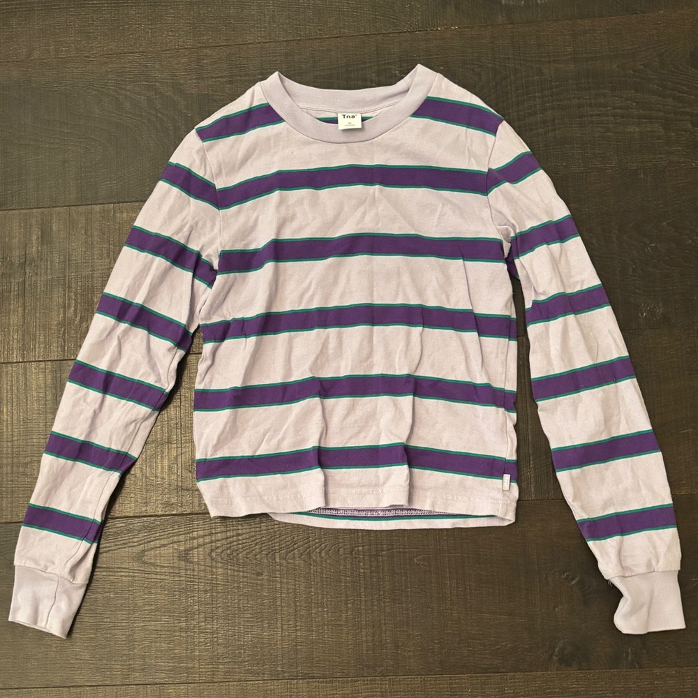 Striped Long-Sleeve Crewneck Top - Lavender with Purple & Teal Stripes